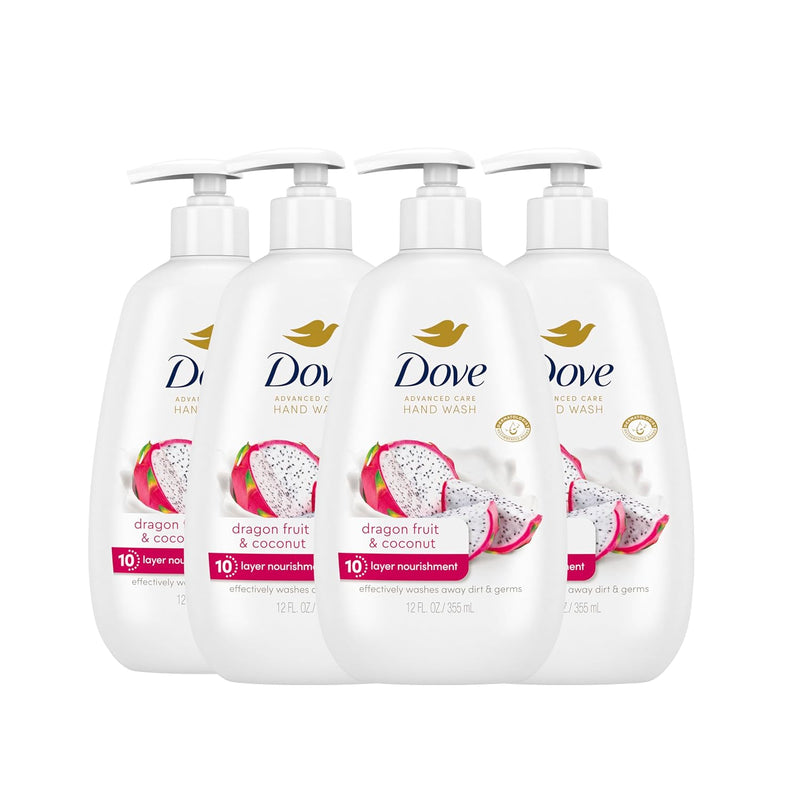 Dove Advanced Care Hand Wash 4 Count for Effectively Washing Away Dirt & Germs, Dragonfruit & Coconut with 10-Layer Nourishment Infinity Warehouse