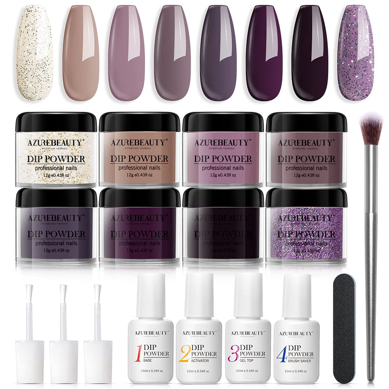 Dip Powder Nail Kit Starter, AZUREBEAUTY Purple Glitter 8 Colors Acrylic Dipping Powder System Essential Set with Top/Base Coat Activator Brush Saver for French Nail Art Manicure Beginner DIY Salon AZUREBEAUTY Store