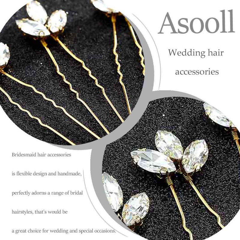 Asooll Bride Wedding Hair Pin Flower Bridal Head Clip Rhinestone Crystal Headpiece for Women and Girls(5pcs)(Gold) Asooll