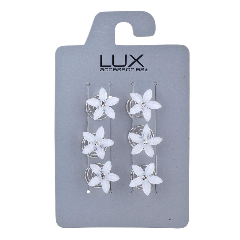 LUX ACCESSORIES White Flower Crystal Rhinestone Fashion Silvertone Hair Twist LUX ACCESSORIES