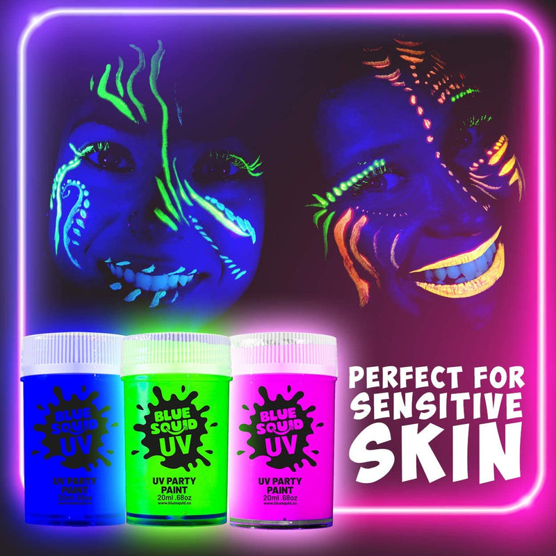 Glow in The Dark Paint - Blue Squid Fluorescent Glow Face & Body Paint for UV & Blacklight | Set of 8 Neon Face Paint Colors + Free Bonus Ultraviolet Flashlight | Bright Glowing Makeup for Festivals Blue Squid