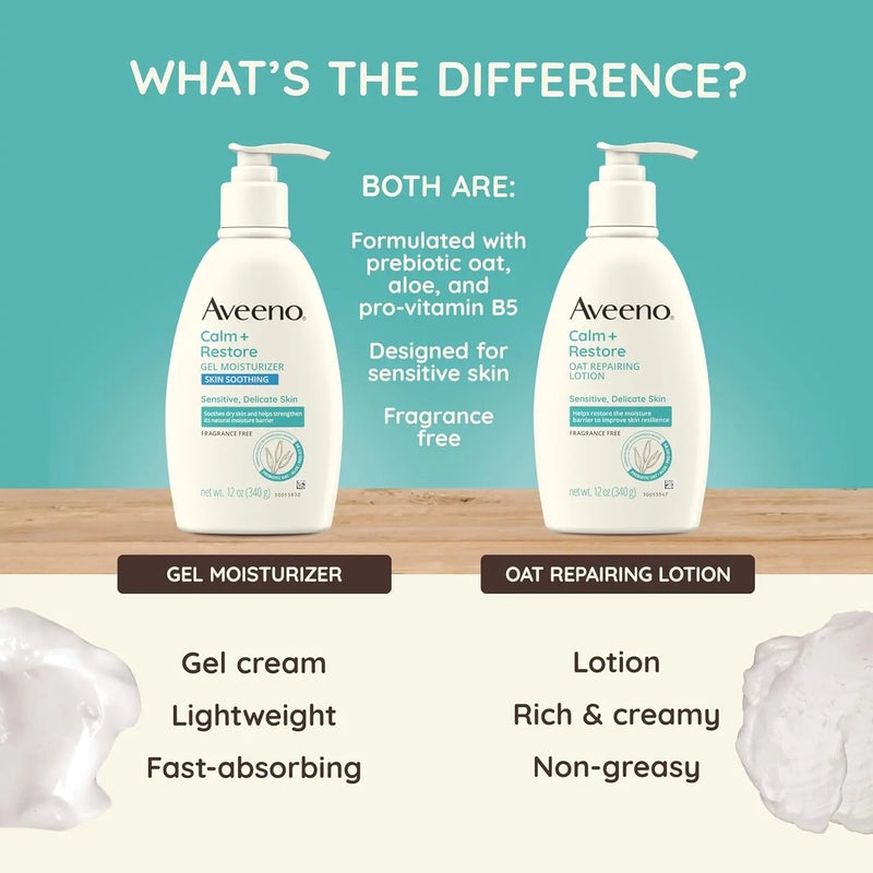 Aveeno Calm + Restore Body Moisturizer Gel for Sensitive Skin, Lightweight Moisturizer to Help Heal Dry Skin with Aloe Vera, Prebiotic Oat and Pro-Vitamin B5, Fragrance Free, 12 OZ Infinity Warehouse
