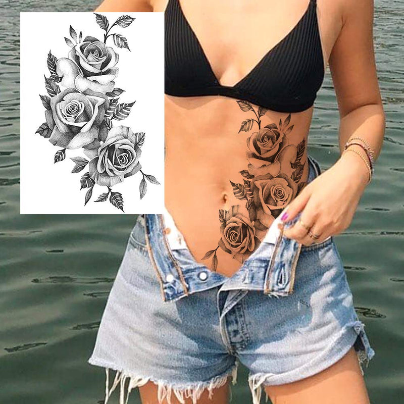 6 Sheets FANRUI Sexy Large Geometric Flowers Temporary Tattoos For Women Girls Triangle Rose Painting Big Peony Tatoos Paper Waterproof Arm Back Legs Camellia Floral Fake Tattoo Sticker Realistic FANRUI