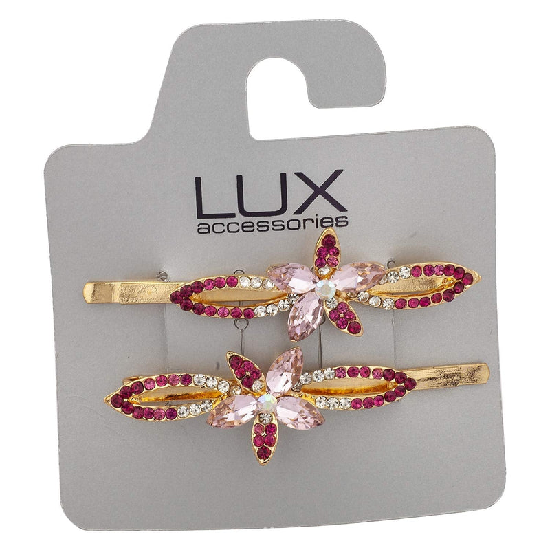 LUX ACCESSORIES Set of 2 Gold Flowers White Pink Marquise Hair Pins LUX ACCESSORIES