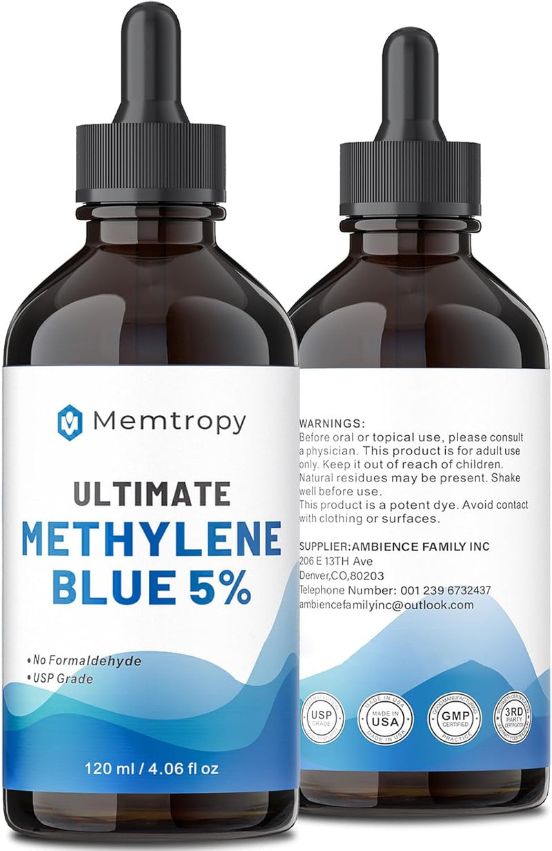 Methylene Blue Pharmaceutical Grade 4.06 fl oz (120 mL), 99% Purity Supplement for Humans, Formaldehyde-Free, Alcohol-Free, Glass Bottle Infinity Warehouse