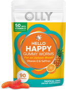 OLLY Hello Happy Gummy Worms, Mood Balance Support, Vitamin D, Saffron, Adult Chewable Supplement, Tropical Zing - 60 Count Infinity Warehouse