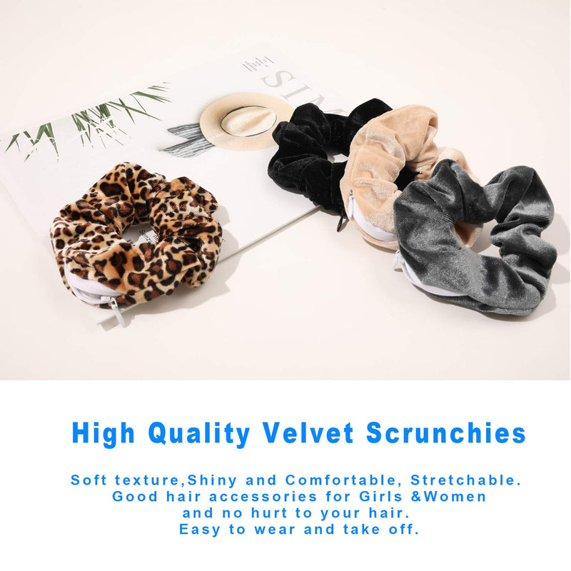 Velvet Scrunchies with Pocket Hidden Zipper Stash Hair Ties Elastic Bands for Girls Women Hair Accessories Great Scrunchy 4Pcs for Friends qiyue