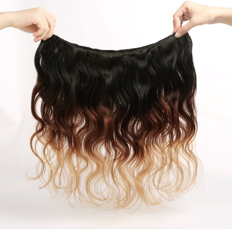 100% 7A Brazilian Remy Human Hair Weave Double Weft Body Wave 3 Bundles 300g Ombre Hair Extensions for Women (20 inch,Natural Black to Dark Auburn to Dark Blonde