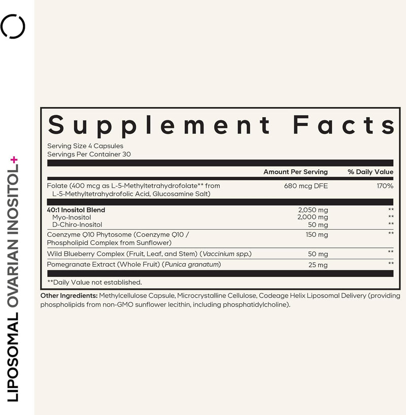 Codeage Liposomal Ovarian Inositol+ Supplement - Myo-Inositol & D-Chiro-Inositol 40:1 Blend, Folate 5-MTHF, CoQ10, Pomegranate & Wild Blueberry, Liposomal Delivery, Non-GMO, Gluten-Free - 120 Capsules Infinity Warehouse