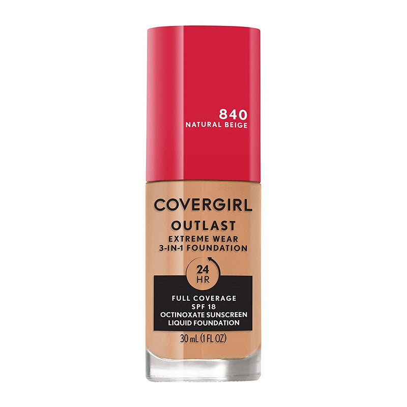 Covergirl Outlast Extreme Wear 3-in-1 Full Coverage Liquid Foundation, SPF 18 Sunscreen, Natural Beige, 1 Fl. Oz. COVERGIRL Store