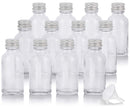1 oz Clear Glass Boston Round Bottles with Silver Metal Screw On Caps (12 Pack) + Funnel JUVITUS