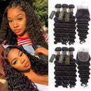 QTHAIR 12a Brazilian Loose Deep Wave Bundles with Closure (18 20 22 with 16 Closure) Long Loose Deep Curly Hair Brazilian Virgin Hair 3 Bundles with 4x4 Top French Lace Closure with Baby Hair QTHAIR