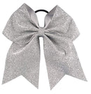Kenz Laurenz Glitter Cheer Bows - Cheerleading Softball Gifts for Girls and Women Team Bow with Ponytail Holder Complete Your Cheerleader Outfit Uniform Strong Hair Ties Bands Elastics (1) (Silver) Kenz Laurenz