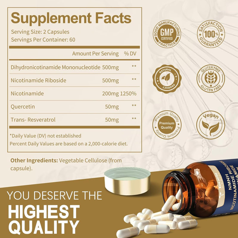 NMNH (Dihydronicotinamide Mononucleotide), NMN Alternative Supplement w/Niacinamide (Vitamin B3), Quercetin, Trans-Resveratrol, Support NAD+, Skin Cell Health*, Anti-Aging & Energy, 120 Caps Infinity Warehouse
