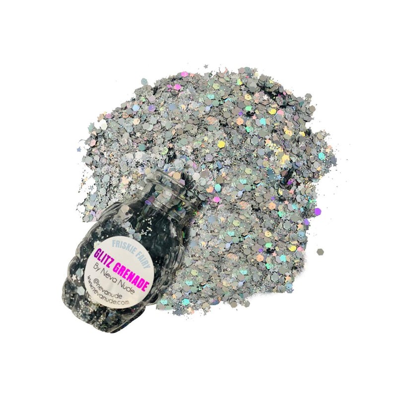 Neva Nude Face and Body Glitter Keychain - Chunky Loose Glitter for Festivals, Raves, and More | Cosmetic Grade | Super Sparkly (Friskie Fairy Silver Holographic Glitz Grenade) Neva Nude