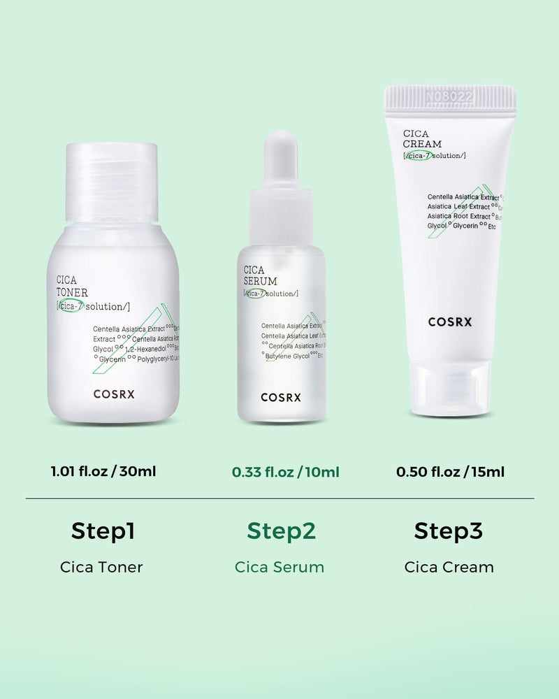 COSRX CICA-7 Relief Kit | TSA Approved Travel Size, Gift Set | Pure Fit CICA Trial | Toner, Serum, Cream | Centella Asiatica, Sensitive Skin, Soothing, Moisturizing COSRX