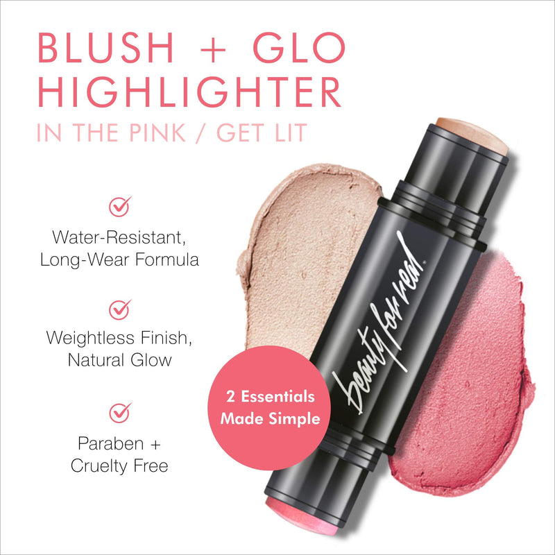 Beauty For Real Blush + Glo, In the Pink + Get Lit - Blush + Highlighter Stick - Cream-to-Powder Mineral Formula - Provides All Day Wear - Organic, Vegan - 0.32 oz Beauty For Real