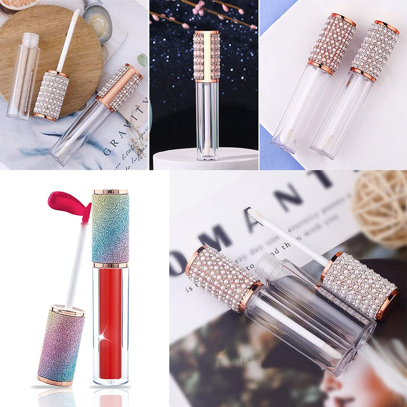 24 Pack Crystal Rhinestone Lip Gloss Tubes with Wand 5ml Empty Lip Gloss Containers Lipgloss Bottles with Stoppers Free 5pcs Mylar Bags + 2pcs Syringes for DIY Lip Gloss Balm AMORIX