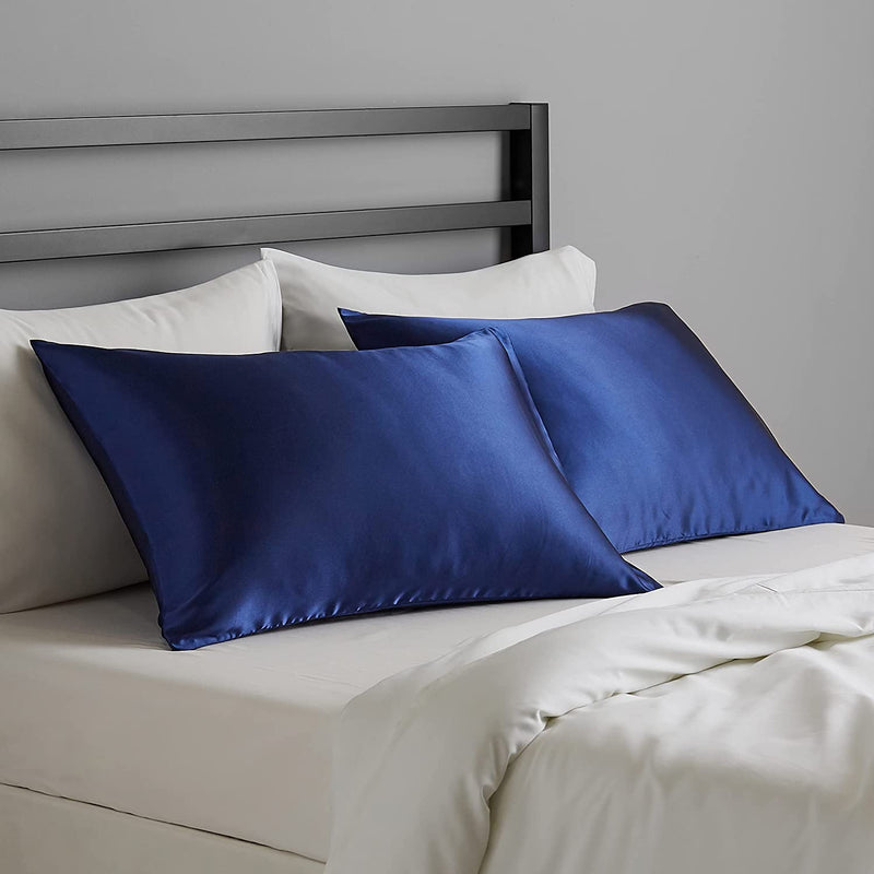 Amazon Basics Satin Pillowcases for Hair and Skin, Envelope Closure - Navy, Queen, Pack of 2 Amazon Basics Store