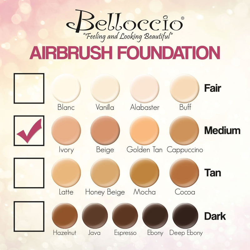 Belloccio Professional Beauty Airbrush Cosmetic Makeup System with 4 Medium Shades of Foundation in 1/4 Ounce Bottles - Kit Includes Blush, Bronzer and Highlighters Belloccio