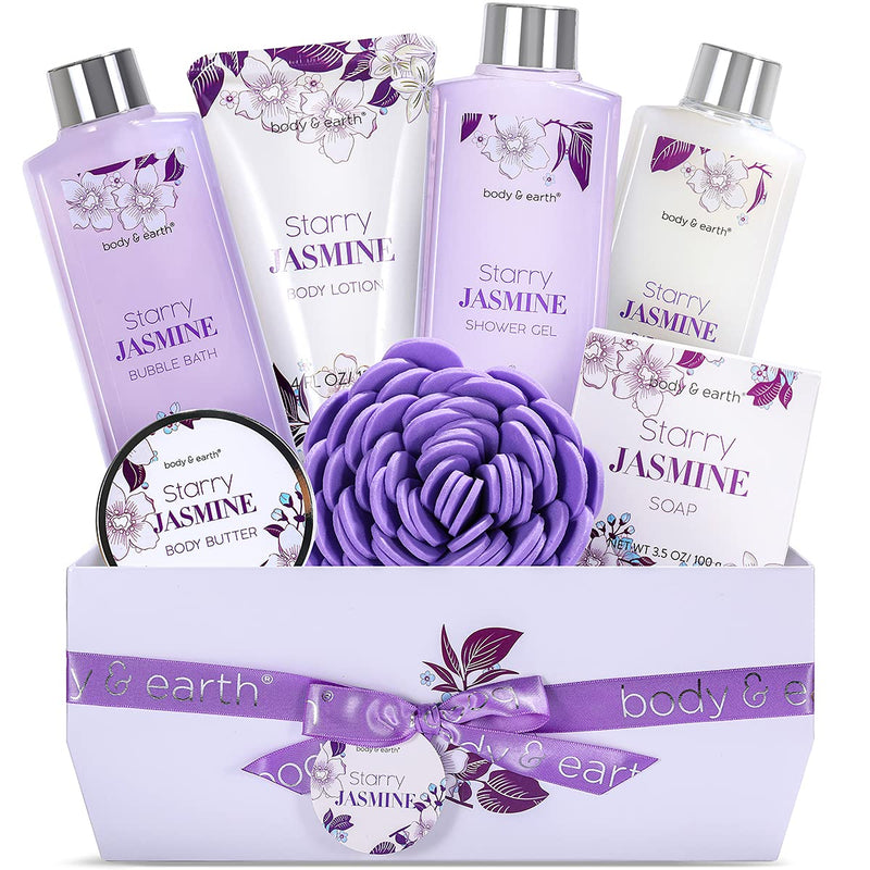 Gift Set for Women - Spa Gift Baskets for women Body & Earth 11 Pcs Jasmine Scented Women Bath Set Gift Basket with Bubble Bath, Shower Gel, Body Lotion & Scrub and More, Valentines Gifts for Women BODY & EARTH