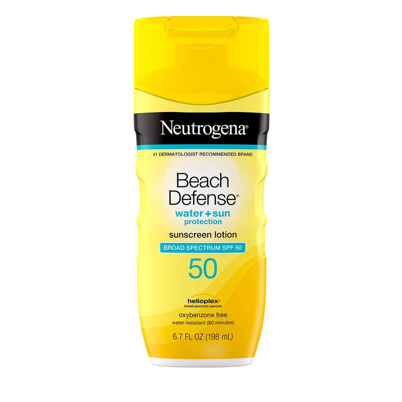 Neutrogena Beach Defense Water-Resistant Sunscreen Lotion with Broad Spectrum SPF 30, Oil-Free and PABA-Free Oxybenzone-Free Sunscreen Lotion, UVA/UVB Sun Protection, SPF 50, 6.7 fl. oz Neutrogena