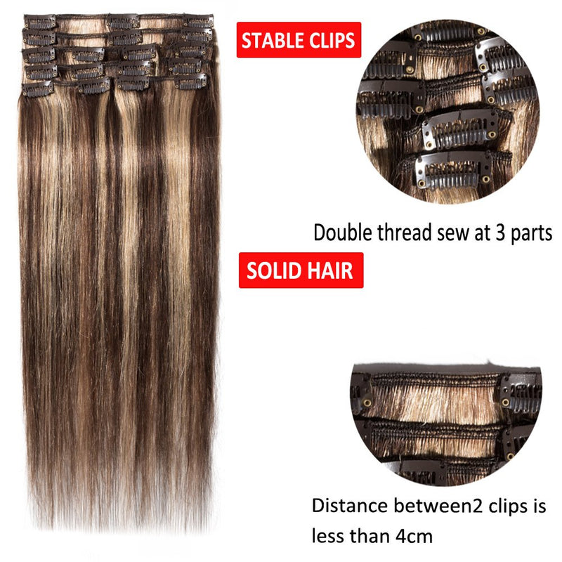 8 Inch Clip in Hair Extensions 100% Human Hair 45g Thin 8 Pcs Clip on Remy Human Hairpieces Highlight Standard Weft Soft Straight Hair for Women Beauty Day Bayalage