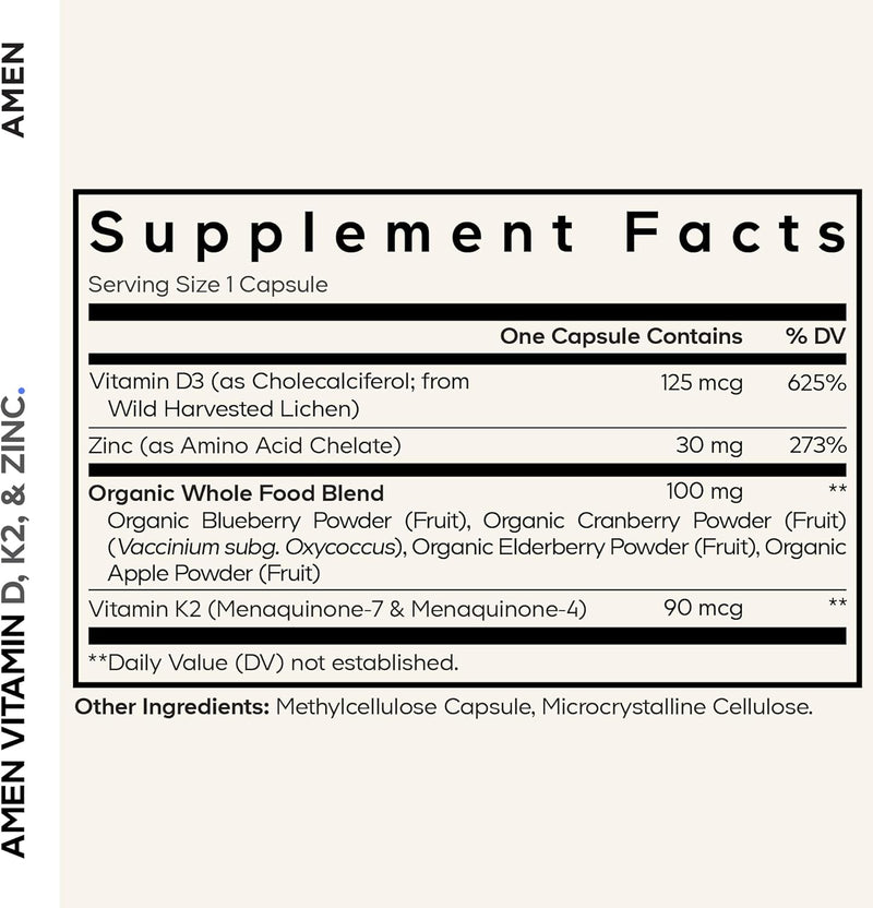 Amen Vitamin D, K2 & Zinc, Cholecalciferol D3 5000 IU, Organic Whole Food Blend with Apple, Blueberry, Cranberry, Elderberry Powder Fruits, Vegan Supplement, D3 K2 Vitamins, Non-GMO - 60 Capsules Infinity Warehouse