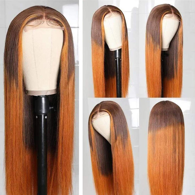 Beauty Forever LT4/30 Ombre Colored Silk Base Fake Scalp Wigs Human Hair Straight Closure Wigs for Women ,Brazilian Remy Hair Wig 150% Density 100% Virgin Human Hair Wig Middle Part 18 Inch Beauty Forever Store