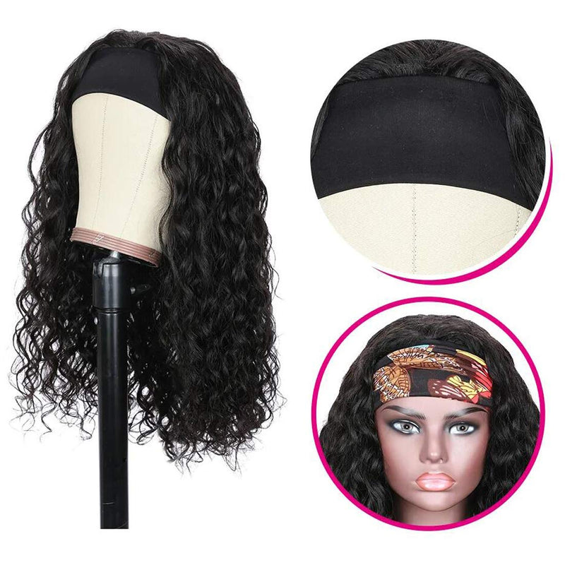 Beauty Forever Headband Human Hair Wig Water Wave Glueless Human Hair Wigs With Pre-attached Scarf Non Lace Front Wigs for women Natural Color 200% Density 14 Inch Beauty Forever Store