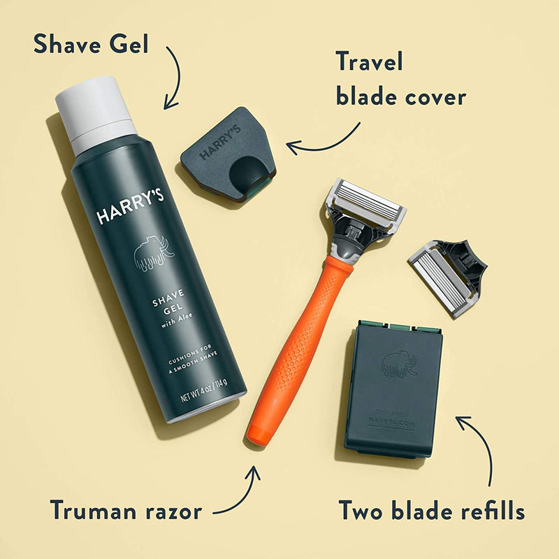 Harry's Razors for Men - Shaving Razors for Men includes a Mens Razor, 3 Razor Blade Refills, Travel Blade Cover, and 4 Oz Shave Gel (Bright Orange) Harry's