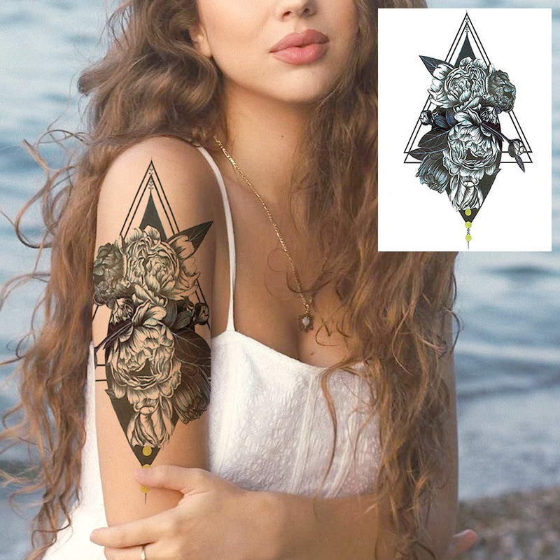 6 Sheets FANRUI Sexy Large Geometric Flowers Temporary Tattoos For Women Girls Triangle Rose Painting Big Peony Tatoos Paper Waterproof Arm Back Legs Camellia Floral Fake Tattoo Sticker Realistic FANRUI