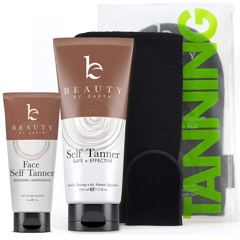 Self Tanner Bundle with Applicator - Tanning Lotion for Body & Face with Tanning Mitts, Sunless Tanner for Face & Self Tan for Body, Natural & Organic Full Size Face Tanner & Fake Tan for Body Beauty by Earth