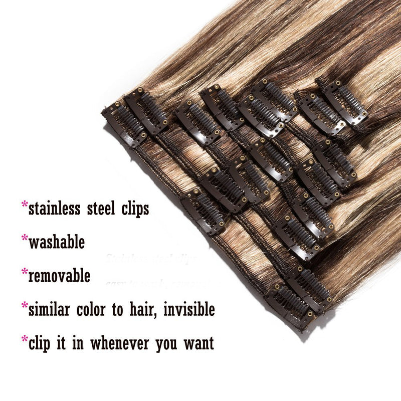 8 Inch Clip in Hair Extensions 100% Human Hair 45g Thin 8 Pcs Clip on Remy Human Hairpieces Highlight Standard Weft Soft Straight Hair for Women Beauty Day Bayalage