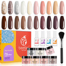 Beetles 20PCS Dip Powder Nail kit, Bare Collection Dip Nails Powder Starter Kit, White Nude Pink Brown Glitters Colors Dipping Powder with Base Top Coat Activator Brush Saver beetles Gel Polish