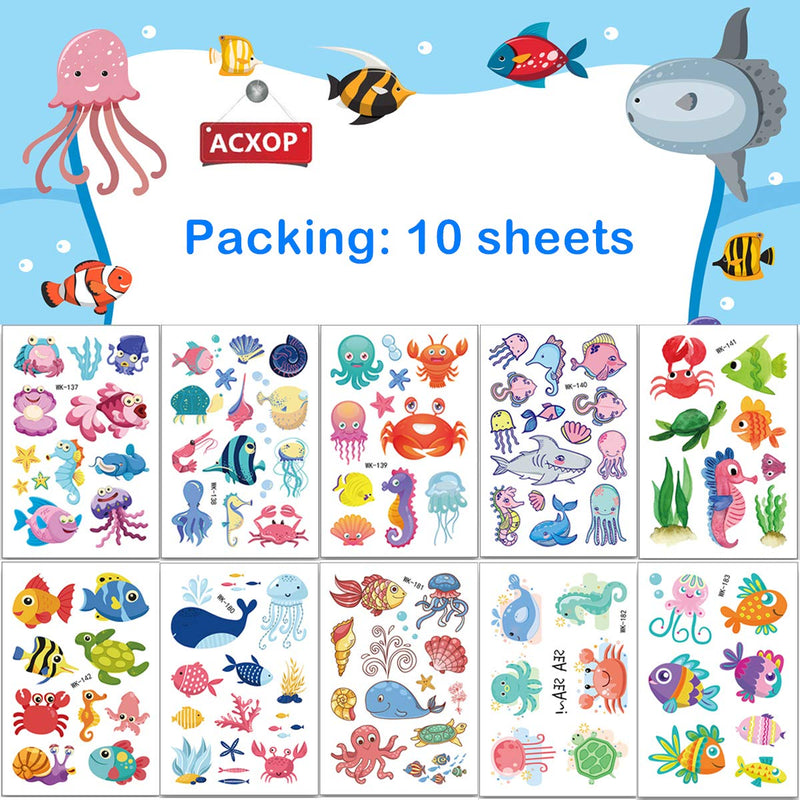 Mocossmy Animal Temporary Tattoos for Kids,10 Sheets Ocean Theme Waterproof Fake Tattoos Body Decoration DIY Crafts for Boys Girls Birthday Party Favor Supplies Goodie Bag Filler Stuffers Gifts Mocossmy