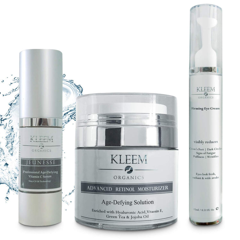Anti Aging Skin Care Set: Retinol Cream, Vitamin C Serum & Firming Eye Cream for a glowing and radiant skin. The Best Beauty Gift Sets for Women Kleem Organics