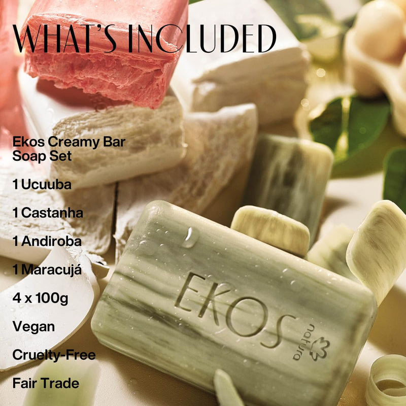 natura - Ekos Ucuuba, Castanha, Andiroba, Maracujá Bar Soap Set (4 Pack) - 1 Exfoliating Bar, 3 Other Bars - Vegetable Oils - Vegan Skin Care - Brazilian Beauty Secrets - Self Care - 3.5oz (100g) Infinity Warehouse