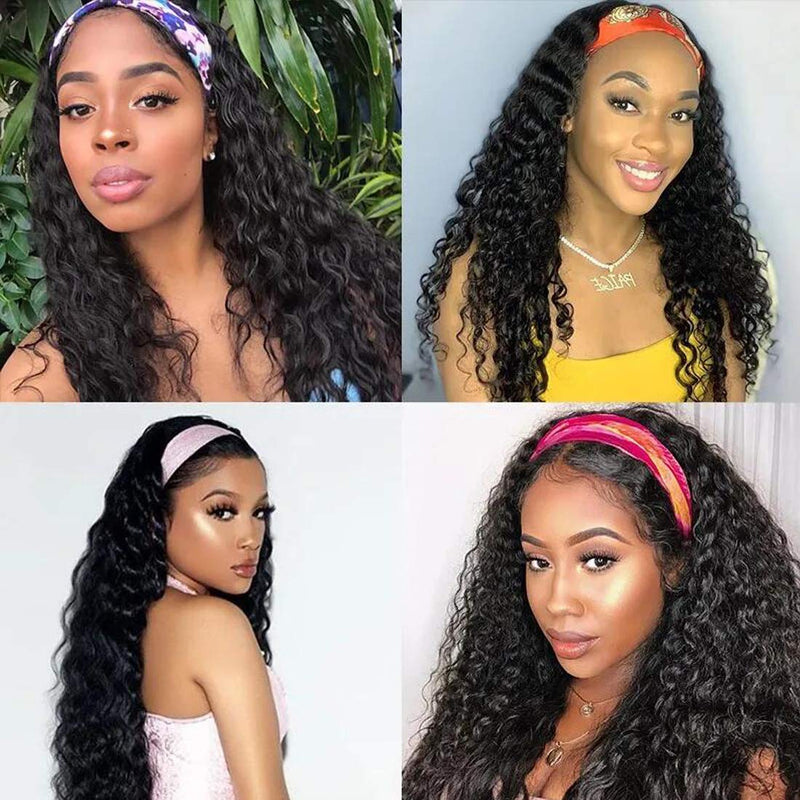 Beauty Forever Headband Human Hair Wig Water Wave Glueless Human Hair Wigs With Pre-attached Scarf Non Lace Front Wigs for women Natural Color 200% Density 14 Inch Beauty Forever Store