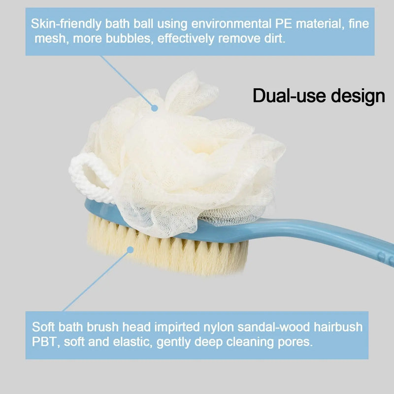 2 Pack Back Scrubber for Shower, EAONE Bath Body Brush with Bristles and Loofah, Loofah On a Stick Back Washer Mesh Sponge Long Handle Exfoliating Body Brush for Men and Women (Blue&White) EAONE