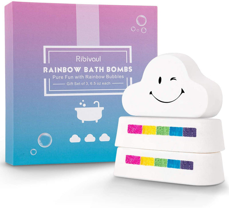 Rainbow Bath Bombs Gift Set, Ribivaul 3 Extra-Large 6.5oz Handmade Bath Bombs with Natural Ingredients, Cloud Bath Bomb with Rich Bubbles for Kids/Women, Great Gift Idea for Valentine's Day, Birthday Ribivaul Store