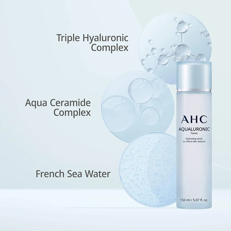 AHC Toner for Face Aqualauronic Hydrating Skin for Dehydrated Skin Triple Hyaluronic Acid Korean Skincare 5.07 oz AHC