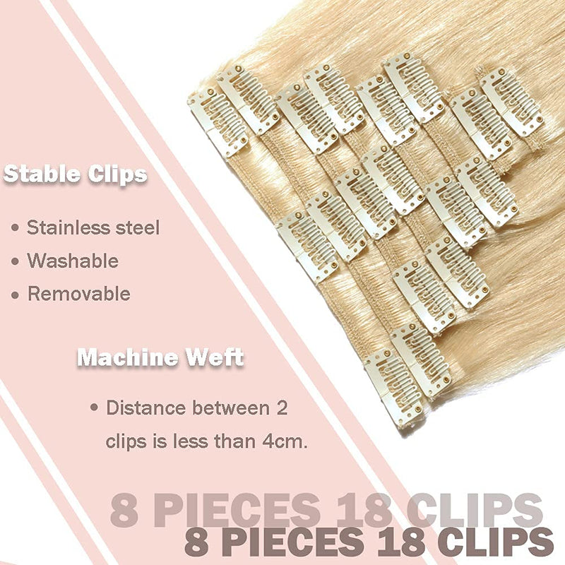 22 Inch Long Clip in Human Hair Extensions 70g Thin 8 Pcs 18 Clips Standard Weft Straight Clip on 100% Human Hairpieces for Women Beauty