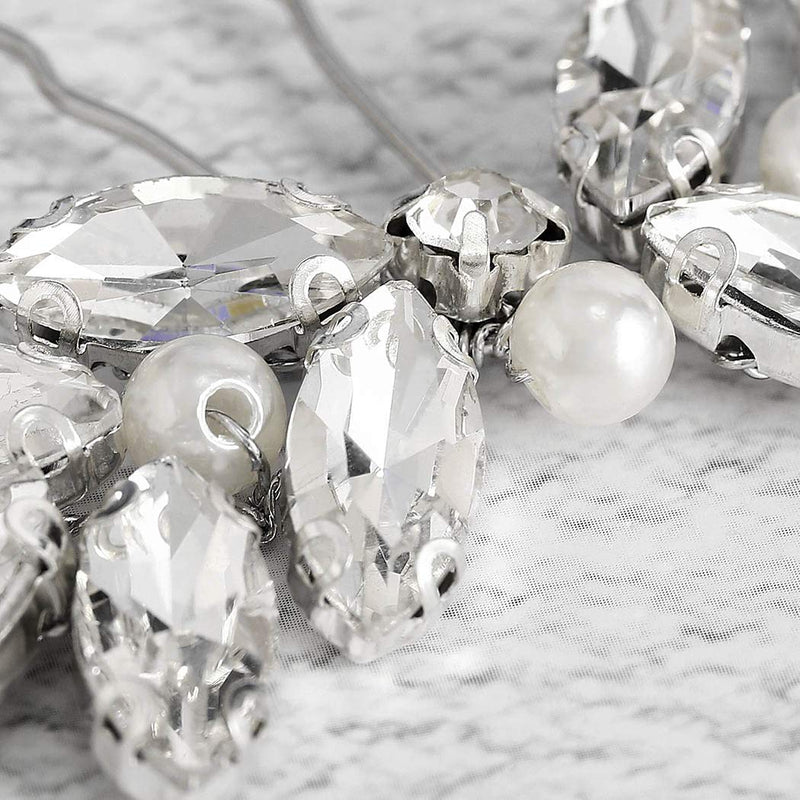 Aukmla Crystals Wedding Hair Pins White Pearl Hair Clips Handmade Bride Headpiece Alloy Wire Hair Accessories for Women and Girls (2 PCs) HP-05 Aukmla