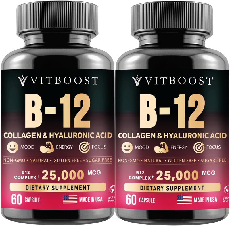 B12 with Hyaluronic Acid, Collagen and Folate – 25000 mcg B12 Complex | Maximize Absorption & Energy | Gluten Free USA Made, B1, B2, B3, B6, B7, B12 Vitamins 5000 mcg Methylcobalamin - 60 Capsules Infinity Warehouse