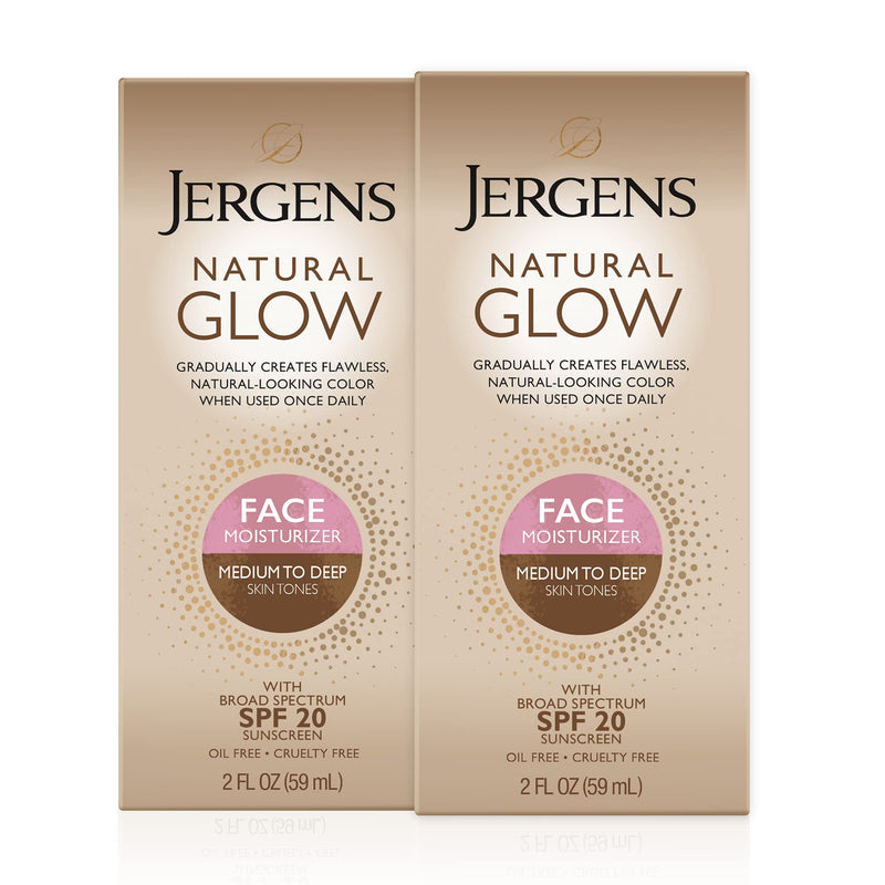 Jergens Natural Glow Self Tanner Face Moisturizer, Medium to Deep Skin Tone, SPF 20 Sunless Tanning, Daily Facial Sunscreen, Oil Free, Broad Spectrum Protection, 2 oz, Pack of 2 (Packaging May Vary) Jergens