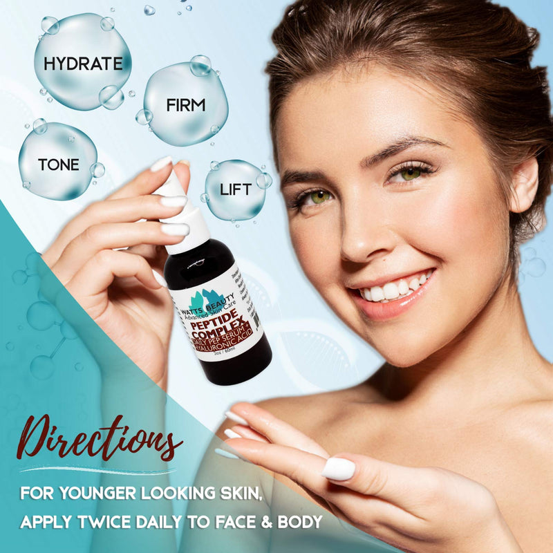 Watts Beauty Peptide Anti-Aging Face Serum - Hyaluronic Acid and Collagen Boosting Daily Face Care Polypeptide Complex with L-Arginine Firms Wrinkles and Boosts Collagen in 2 oz Pump Bottle Watts Beauty