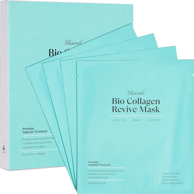 Ebanel Bio Collagen Face Mask, 4-Pack Hydrating Face Masks with 7 Peptides, Hyaluronic Acid, Niacinamide, Centella, Rose Water, Ceramide, and B5, Glass Skin Tightening and Lifting Korean Sheet Masks Infinity Warehouse