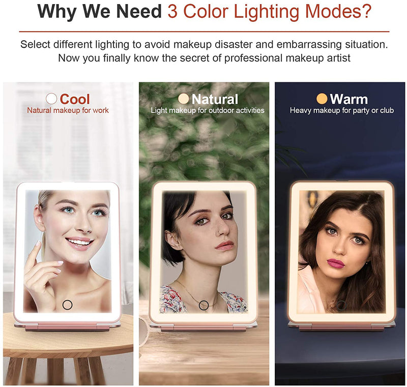 Rechargeable Makeup Vanity Mirror with 72 Led Lights, Lighted Travel Portable Light up Beauty Mirror, 3 Color Lighting, Dimmable Touch Screen, Tabletop Desk LED Foldable Cosmetic Mirror with Lights FUNTOUCH
