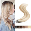Tape in Hair Extensions Human Hair Tape in Remy Hair Extension Invisible Skin Weft Tape ins Seamless Double Sided Tape on 30g Thin 20pcs for Women Highlighted Blonde Long Straight Hair 12inch